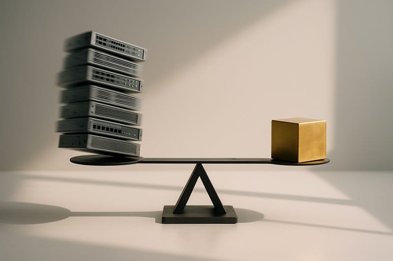 Conceptual image of a balanced scale illustrating AI investment volatility and stability. One side has oscillating data servers with LED lights, the other holds a polished golden cube. Soft lighting and dramatic shadows emphasize the delicate balance, symbolizing risk and reward in AI investments.