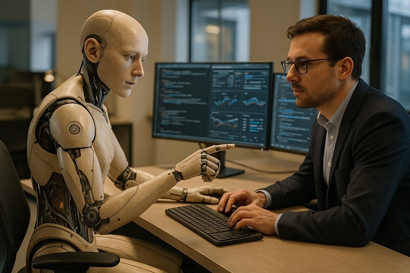A hyper-realistic photo of a humanoid robot collaborating with a human in an office, showcasing advanced synthetic skin, joint articulation, and visible circuitry, set in a detailed, ambient work environment with data-filled computer screens and ergonomic furniture.
