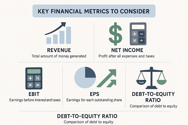 Infographic showing key financial metrics: Revenue with bar graph, Net Income with dollar sign, EBIT with calculator, EPS with pie chart, ROI with growth arrows, and Debt-to-Equity Ratio with balance scale on a clean layout.