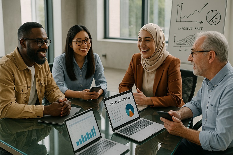 diverse group discussing low credit mortgages